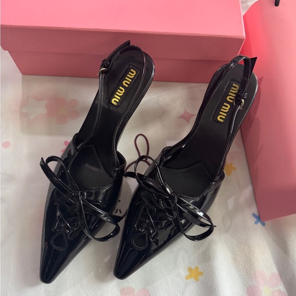 Miu Miu Shoes - Miu Miu Black Patent Leather Pointed Toe Slingback Heels